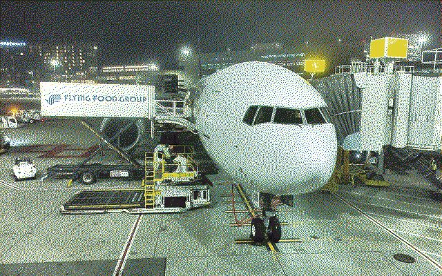 A plane in prep for take off. It’s currently being loaded by container labeled “Flying Food Group”