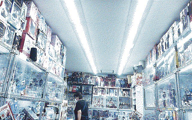 The ceiling and displays of a figurine store